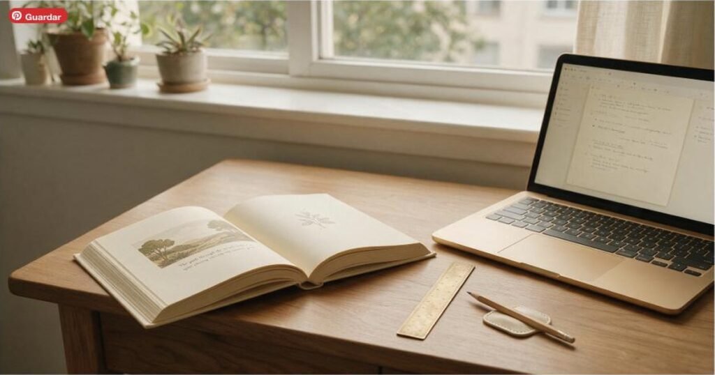 Escritorio con un libro abierto mostrando páginas interiores maquetadas, una regla y un portátil, ambientación editorial para el artículo sobre maquetación de libros para Amazon KDP