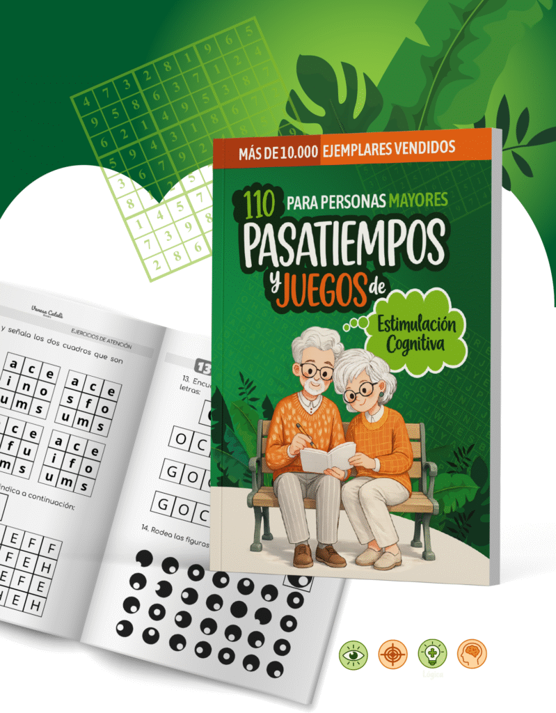 Portada y maquetación interior del libro 110 Pasatiempos y juegos de estimulación cognitiva para personas mayores