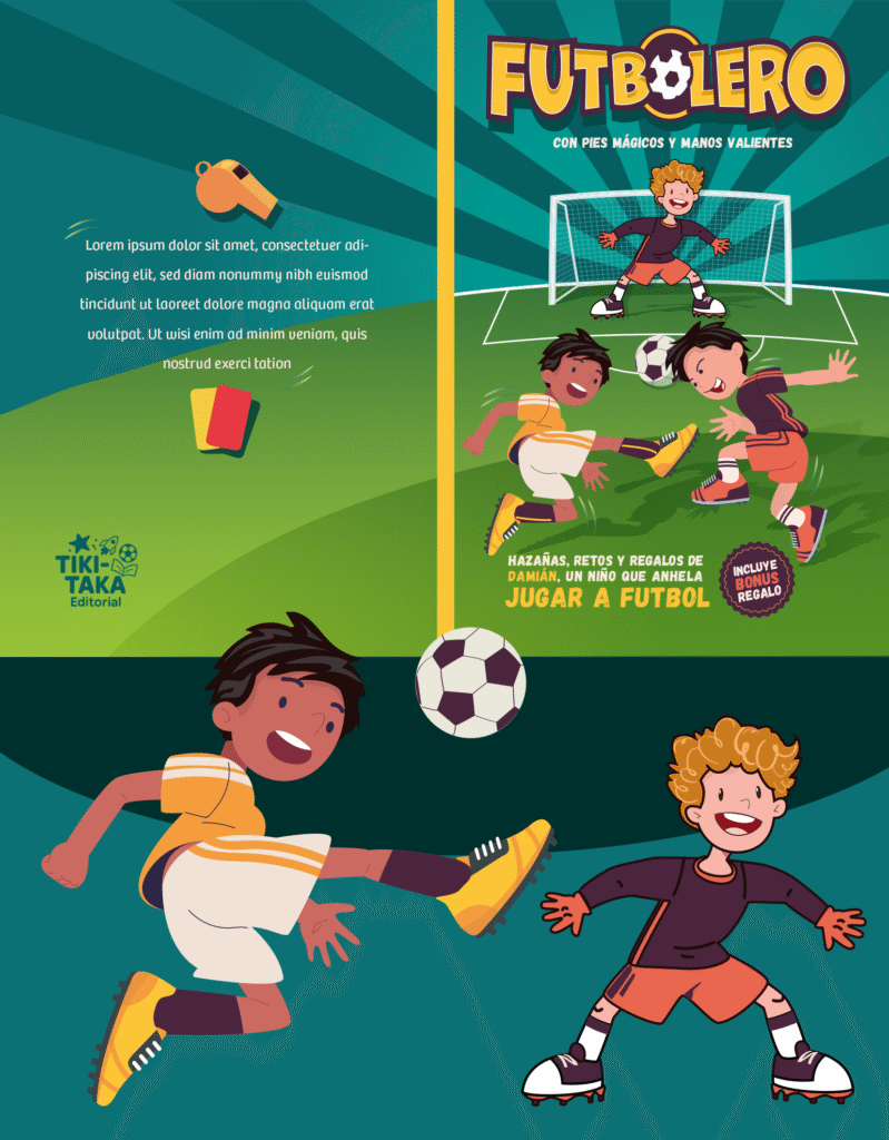 Diseño de cubierta completa portada y contraportada del libro infantil Futbolero, maquetación KDP para Tiki-Taka Editorial