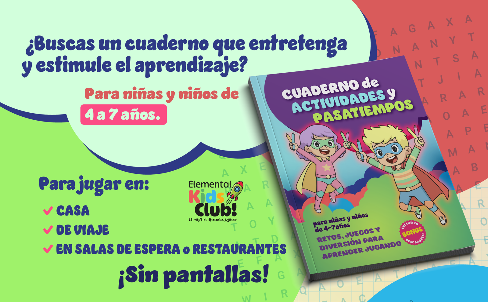 Portada de Cuaderno de Actividades y Pasatiempos, para niñas y niños de 4 a 7 años